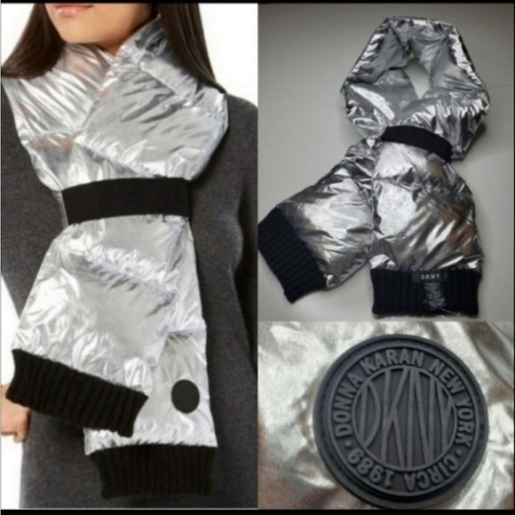 NEW high vis DKNY SKI silver black puffer visibility reflective Apres Ski SCARF - Picture 1 of 6